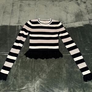 Ronny Kobo Knit Top Women’s XS Black White Striped Crop Ruffle Hem Long Sleeve